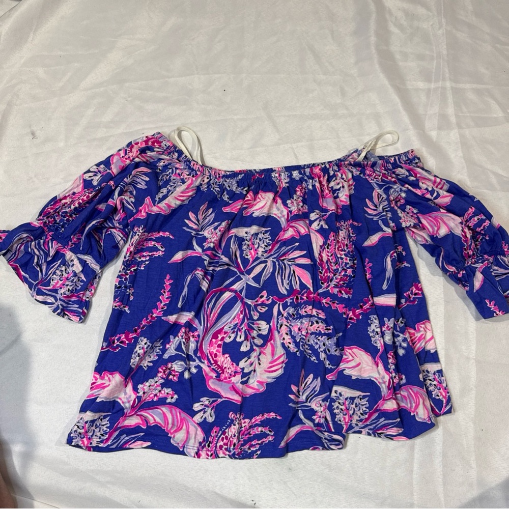 Lilly Pulitzer Vibrant Floral Off-Shoulder Blouse - Blue and Pink